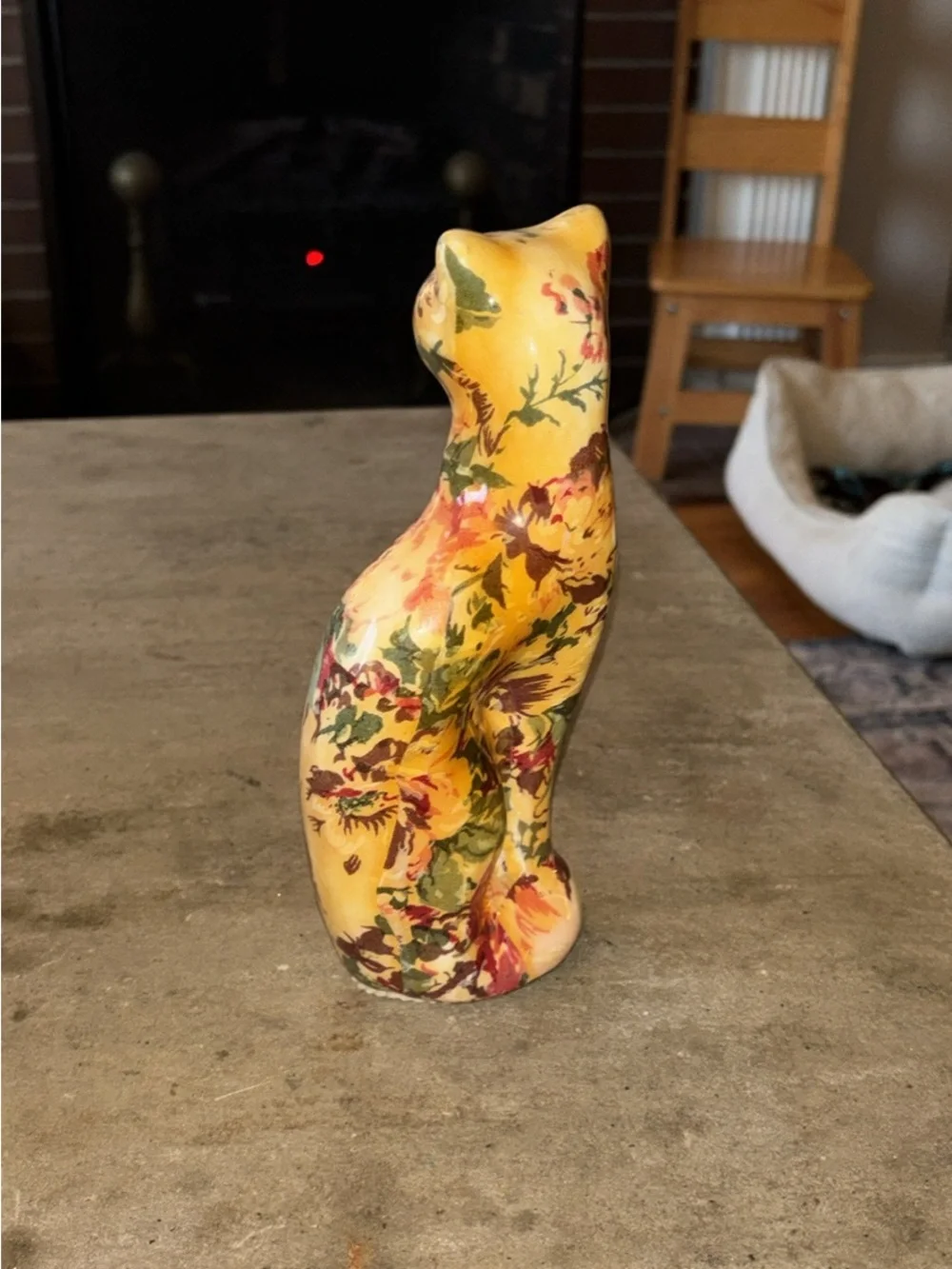 Yellow Floral Ceramic Cat Figurine - Decorative Pet Accent A1